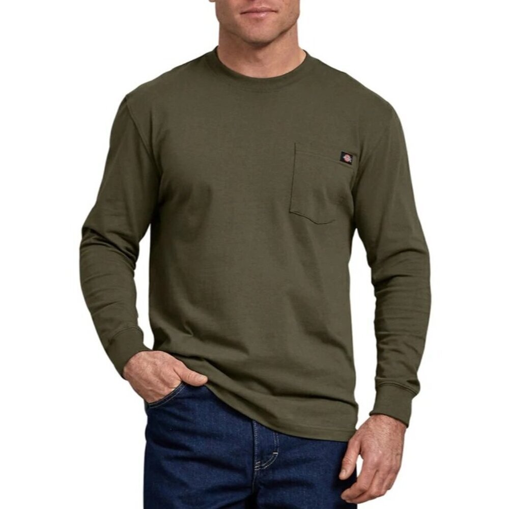 Dickies Mens Olive Green Long Sleeve Pocket Tee M 100% Cotton EUC